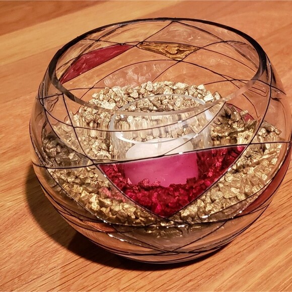 Tea Light Stained Glass Candle Holder with Gold Stones - Picture 3 of 5